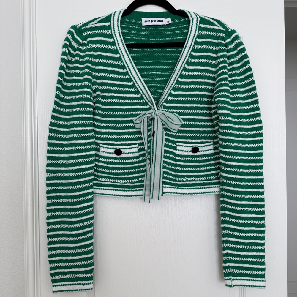 Self-Portrait Green and White Knit Cardigan